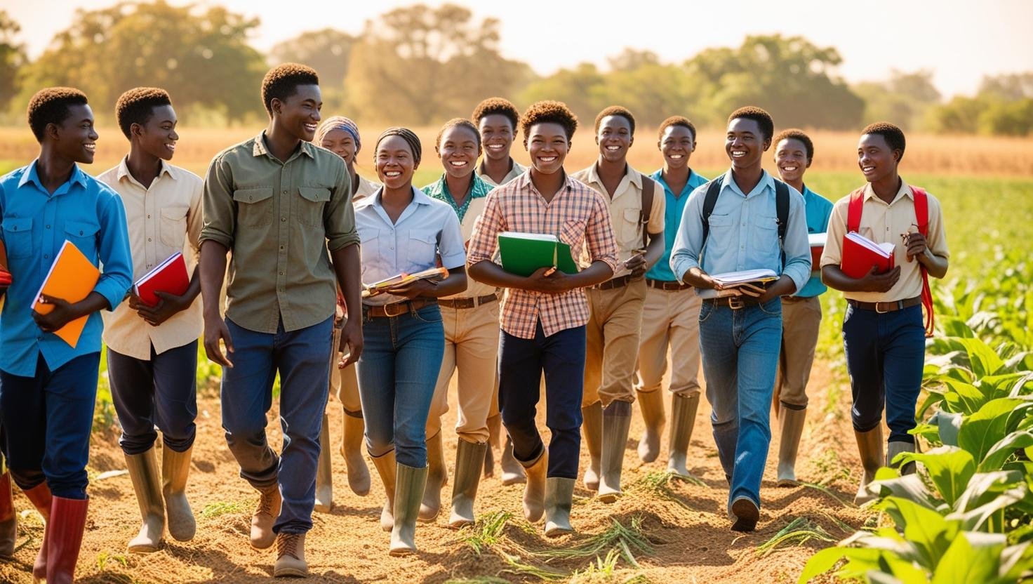 Un groupe de jeunes gens en formation dans un champ